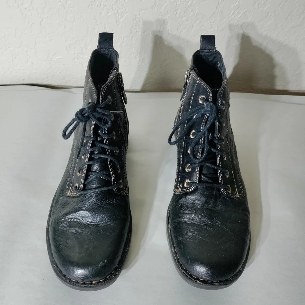 Clarks Black Leather Ankle Boots Lace Up Side Zip Combat Booties Womens 8M
